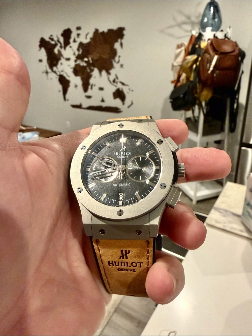 Hublot Men's Watch in Black with Tan Strap Accent w box